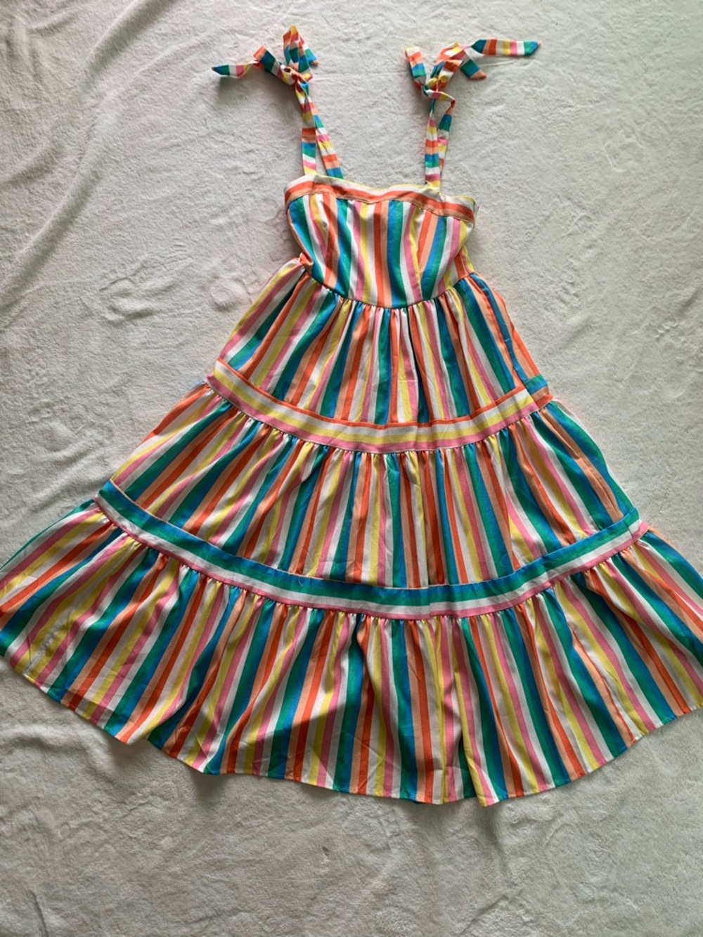 Unique Vintage Bright Rainbow Striped Tie-Shoulder Dress - Picture 2 of 7